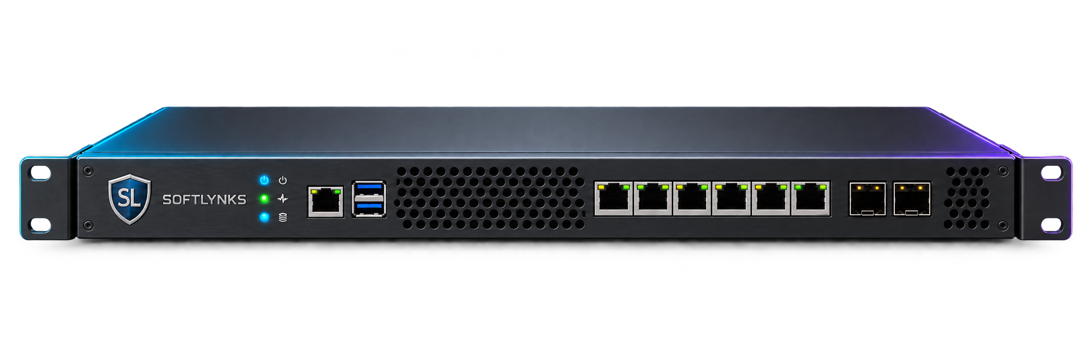 Hero-matched Softlynks 1U front panel with console, two USB, six 2.5 gigabit Ethernet and two SFP plus ports