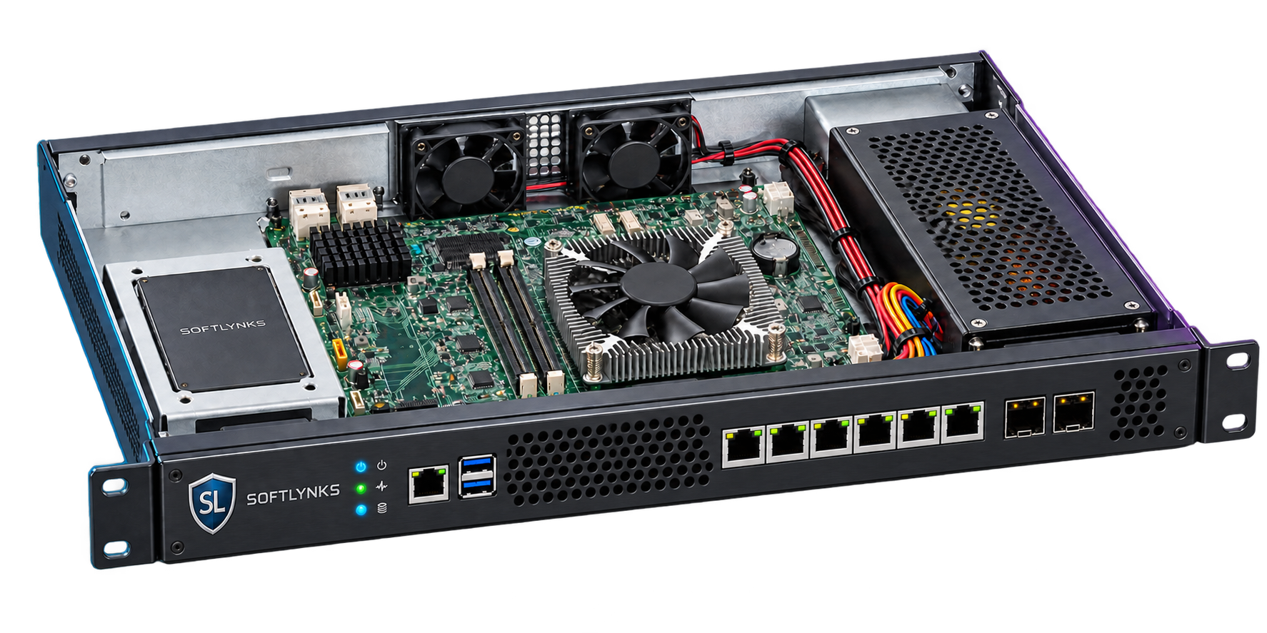 Hero-matched open Softlynks 1U appliance showing motherboard, processor cooling, storage and enclosed power supply
