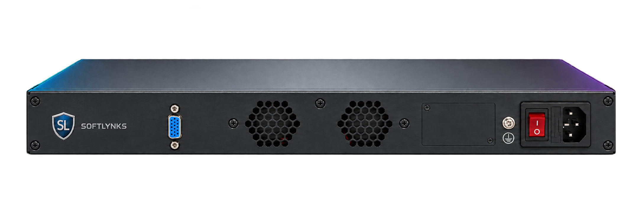 Matching Softlynks rear panel showing VGA, dual cooling and switched AC input
