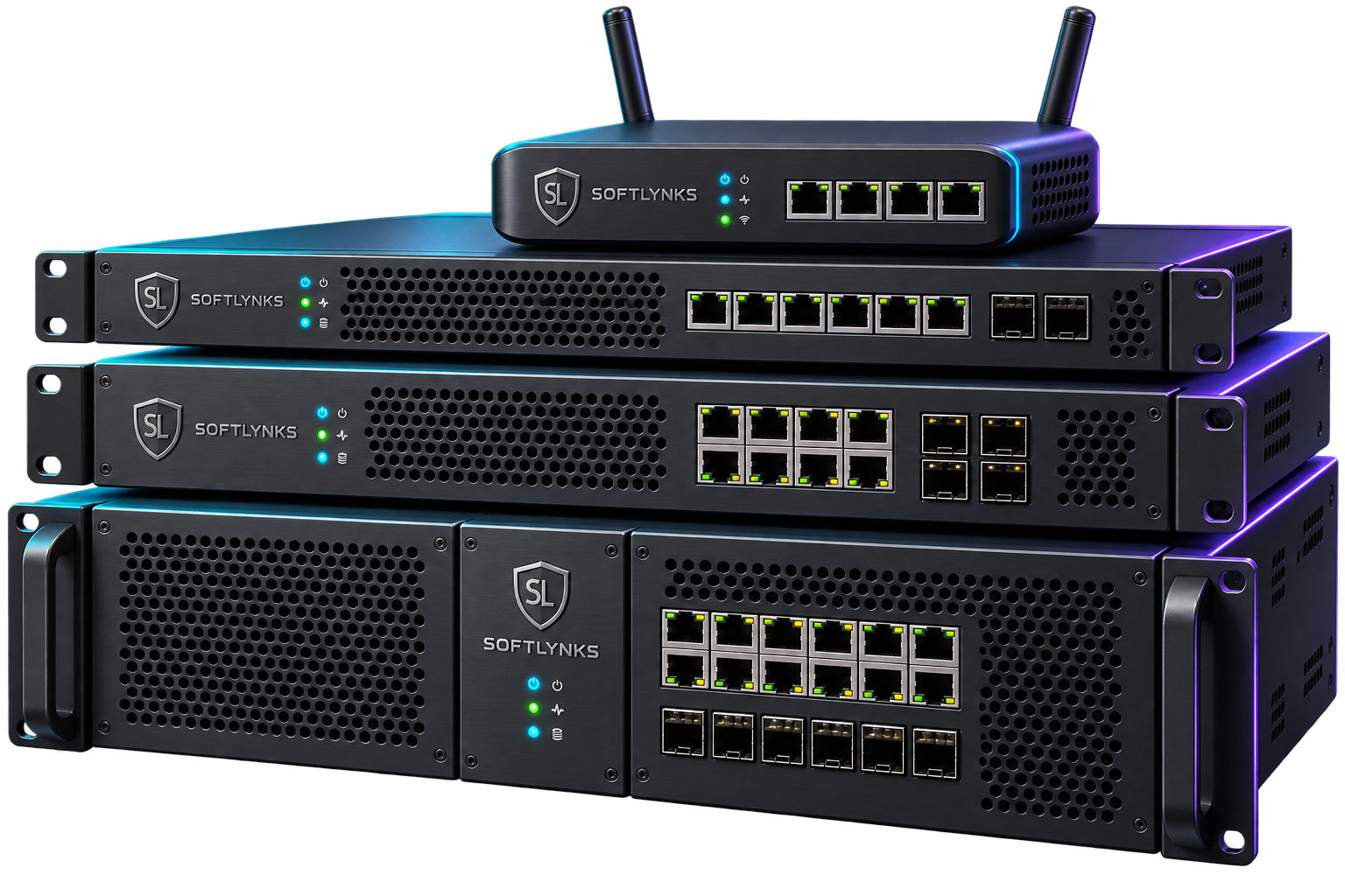 Softlynks firewall appliance family with tabletop, 1U and 2U models